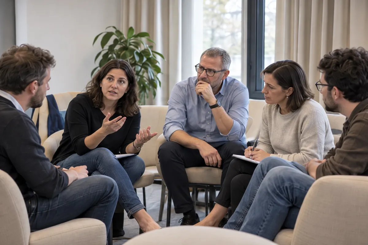 Eine Teilnehmerin bringt eine Kundenfrage in die Case Clinic ein. Die Gruppe hört zu. (KI-generiertes Bild)