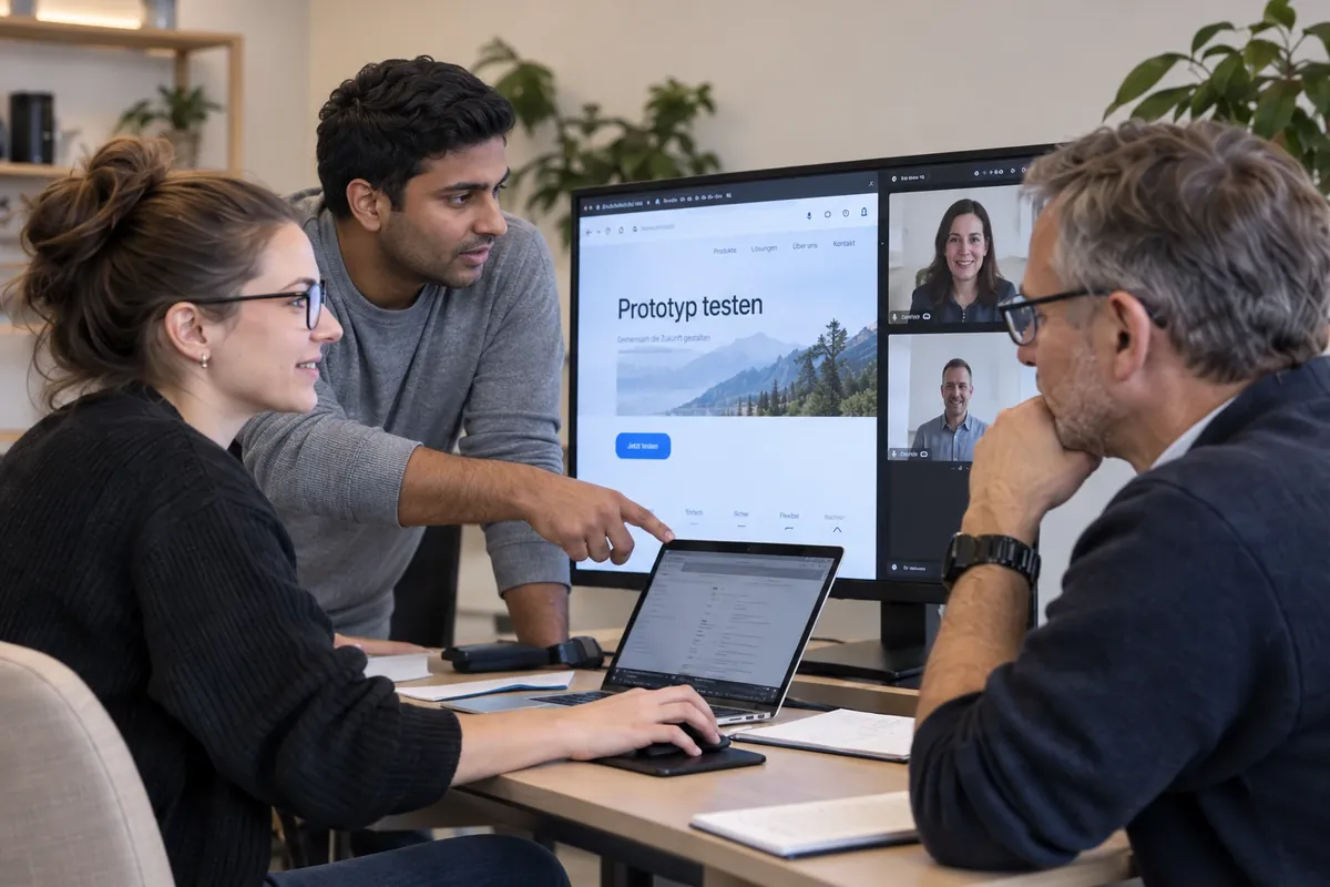 Ein Team prüft einen Website-Prototyp mit zwei per Videocall zugeschalteten Teilnehmern. (KI-generiertes Bild)