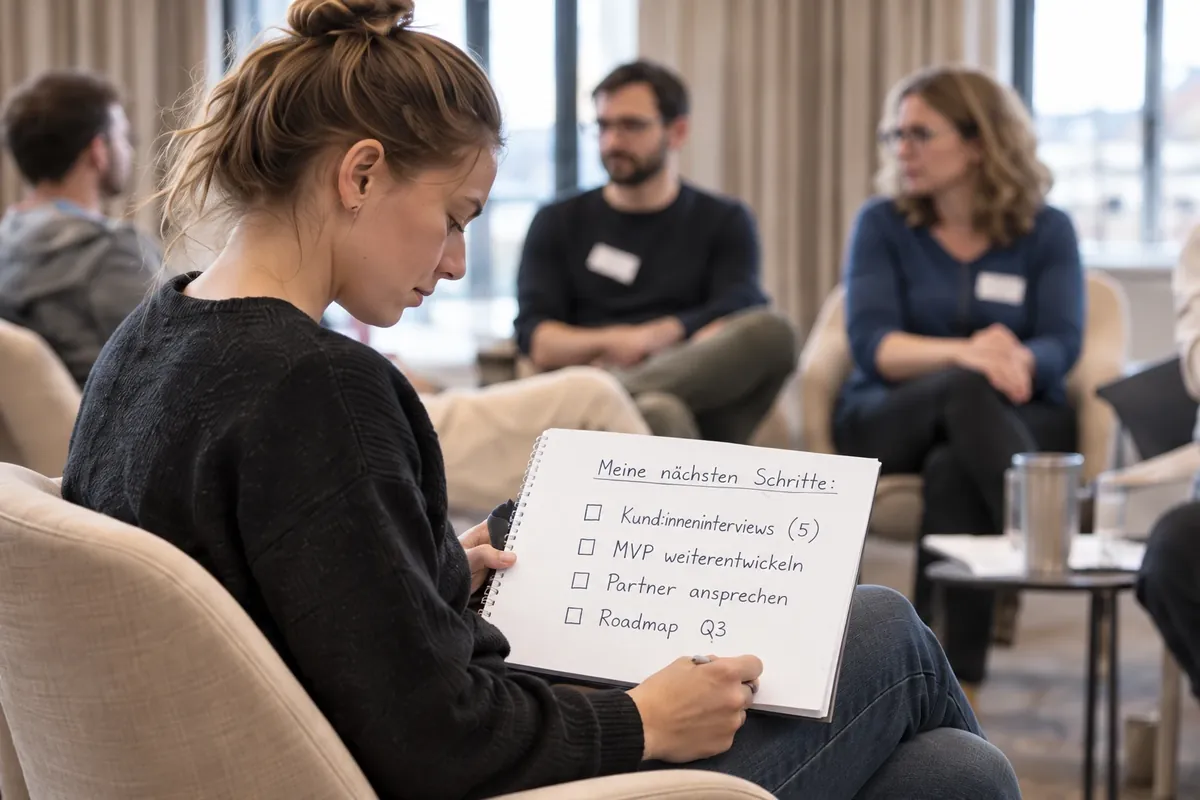 Eine Gründerin hält im Notizbuch ihre nächsten Schritte fest. Andere Teilnehmer sitzen im Kreis. (KI-generiertes Bild)