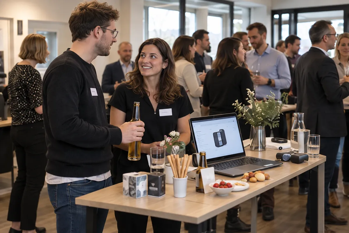 Eine grössere Gruppe zeigt Innovationen, probiert Demonstratoren aus und feiert gemeinsam. (KI-generiertes Bild)