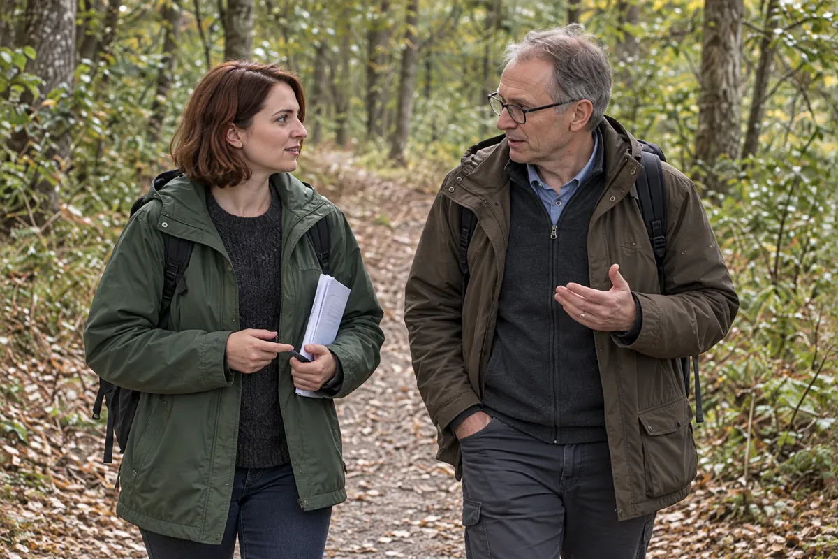 Eine junge Gründerin bespricht ihr Geschäftsmodell beim Waldspaziergang mit einem erfahrenen Mentor. (KI-generiertes Bild)
