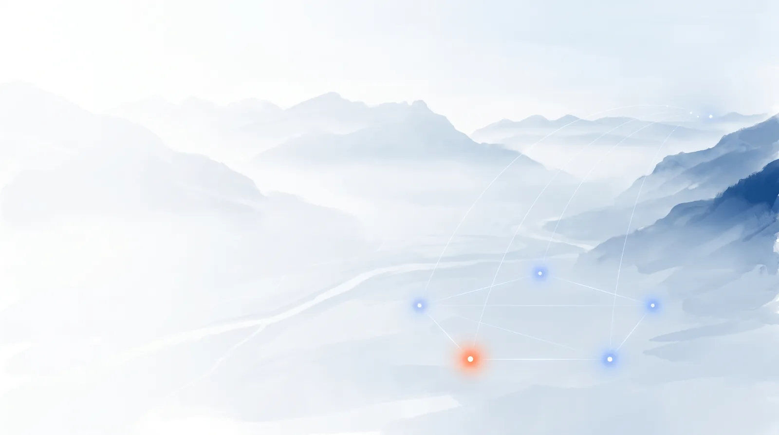 KI-generierte Grafik: das Alpenrheintal im Morgennebel, fünf Lichtpunkte bilden ein Fünfeck.