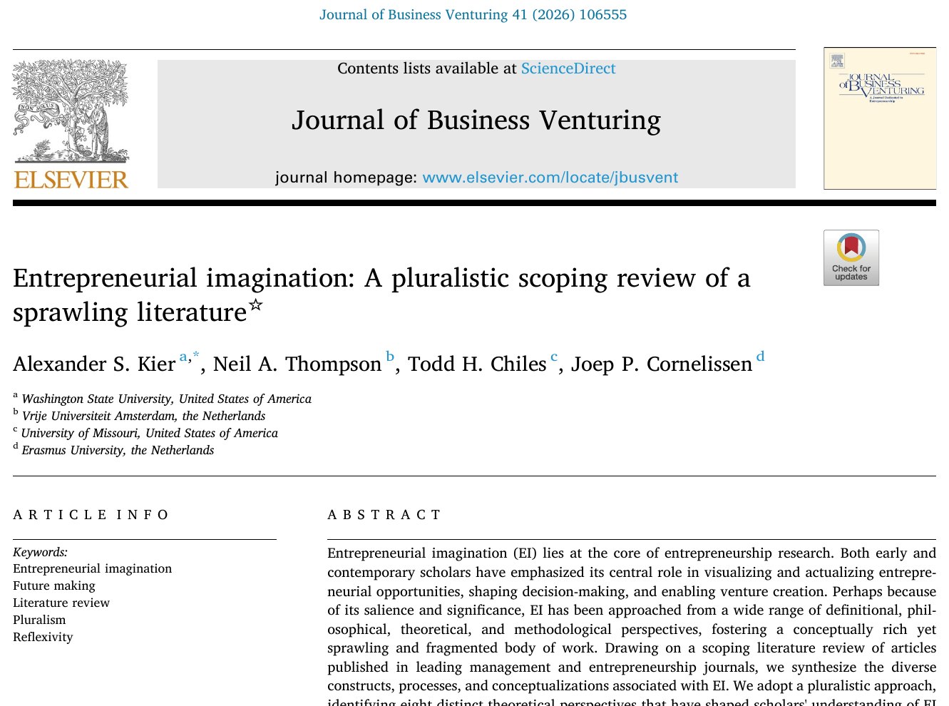 Titelseite der Studie: Kier, Thompson, Chiles und Cornelissen, Entrepreneurial imagination: A pluralistic scoping review of a sprawling literature, Journal of Business Venturing 41 (2026) 106555.